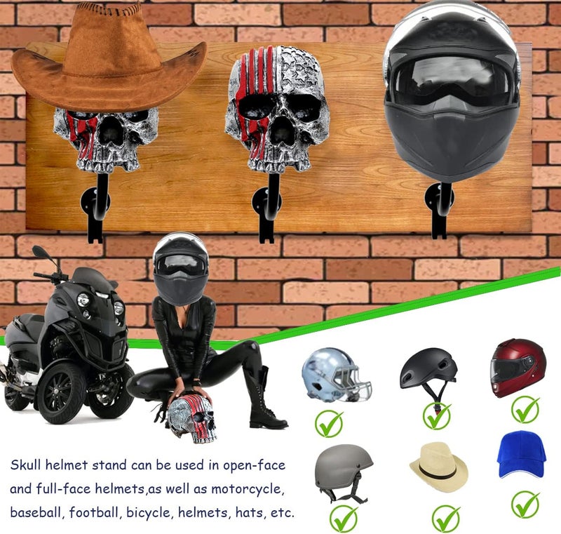 Tooyuart Motorcycle Helmet Rack Wall Mount,Red Skull Helmet Holder Wall Mount with 2 Hooks Helmet Hanger for Coats, Caps, Baseballs and Rugby Helmet,Motorcycle Accessories - Image 3